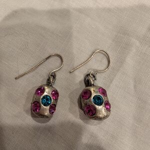 Silver Drop Earrings with Pink and Blue Gems